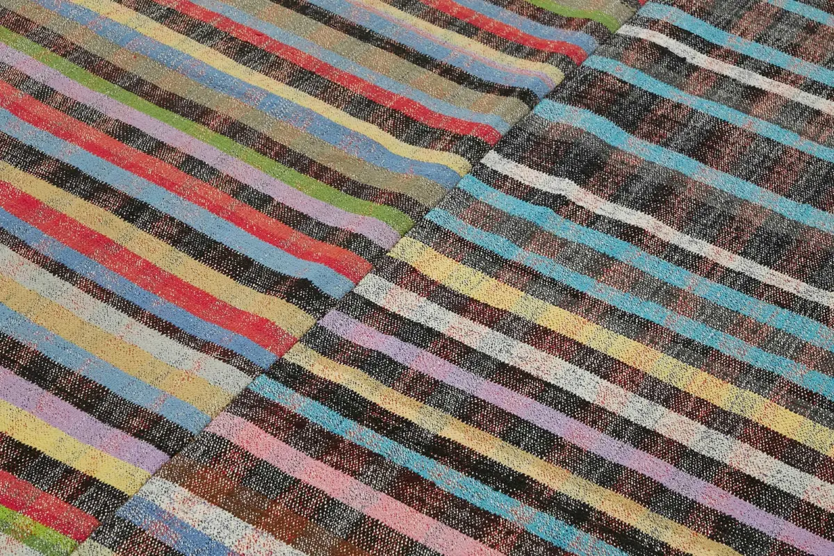 Chaput Çizgili Multi Renk Pamuk Üzerine Yün El Dokuma Kilim-189x328 - Görsel 5