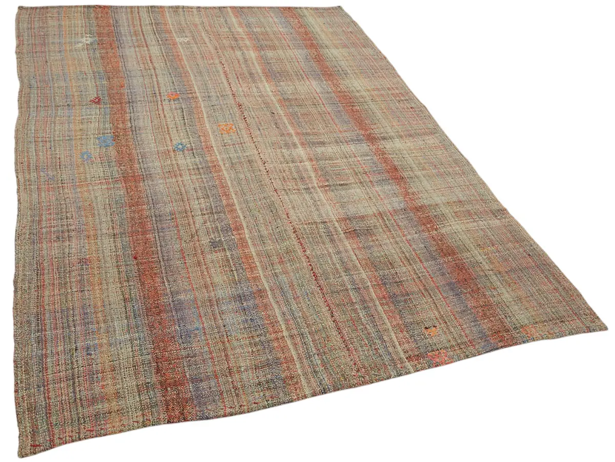 Chaput Çizgili Multi Renk Pamuk Üzerine Yün El Dokuma Kilim-164x237 - Görsel 2