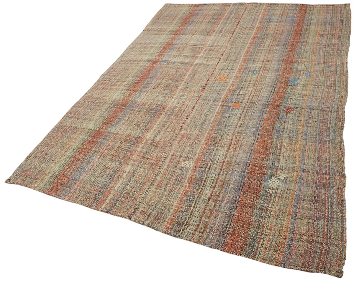 Chaput Çizgili Multi Renk Pamuk Üzerine Yün El Dokuma Kilim-164x237 - Görsel 3