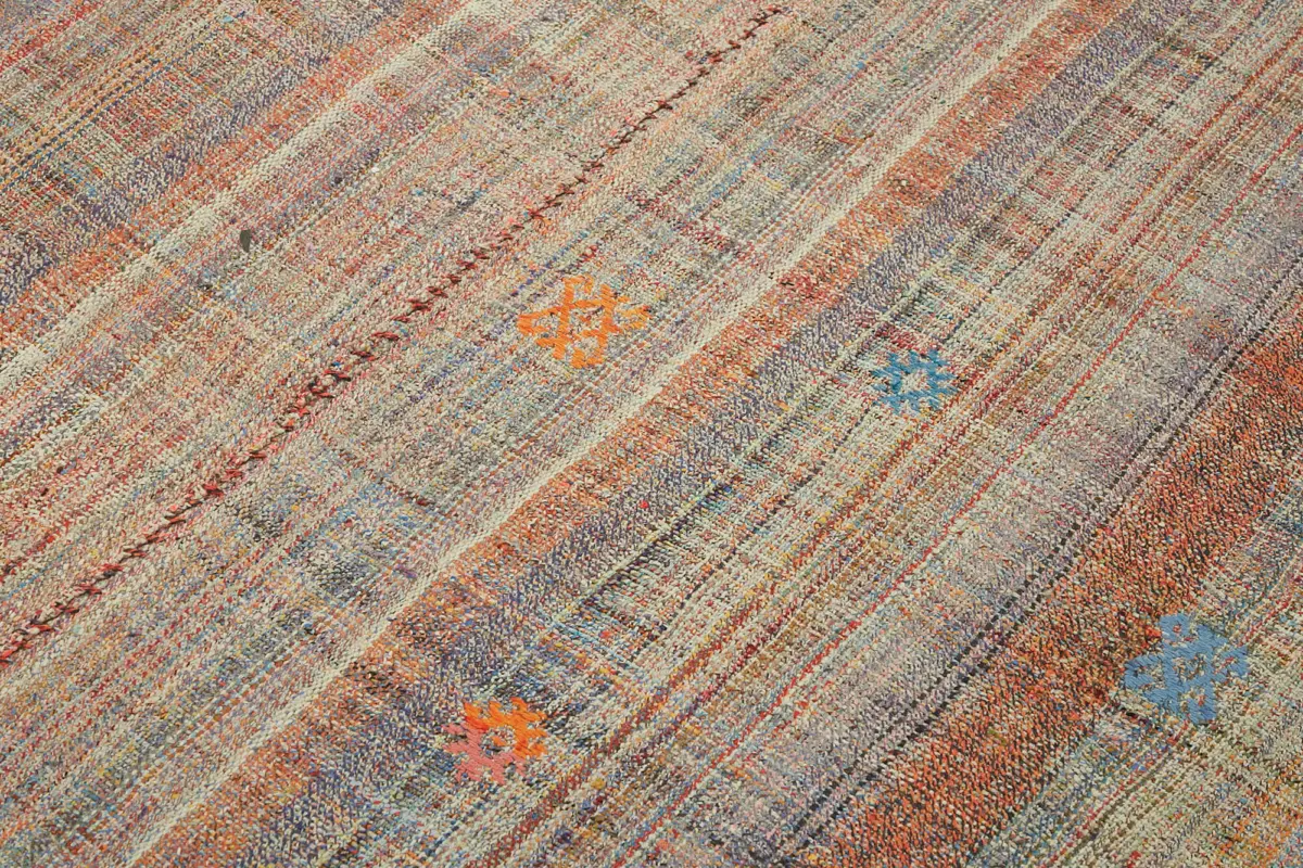 Chaput Çizgili Multi Renk Pamuk Üzerine Yün El Dokuma Kilim-164x237 - Görsel 5