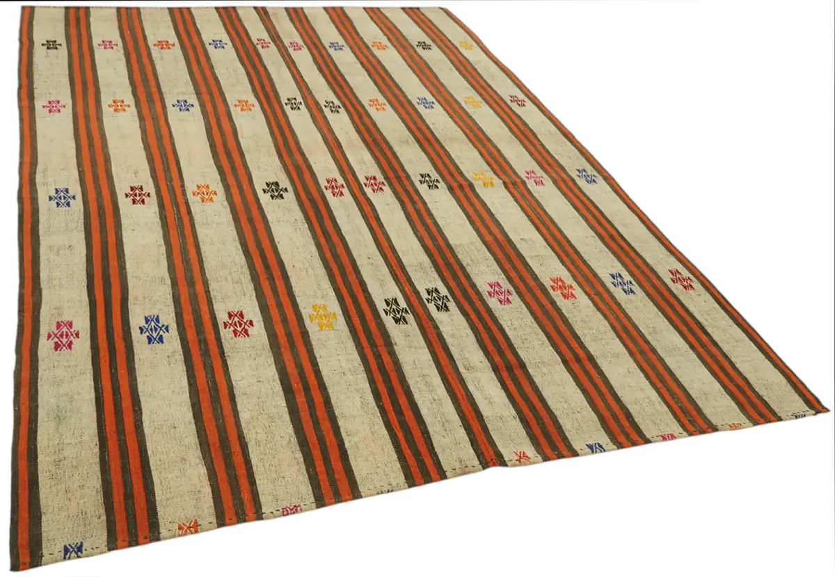 Chaput Çizgili Multi Renk Pamuk Üzerine Yün El Dokuma Kilim-195x290 - Görsel 2