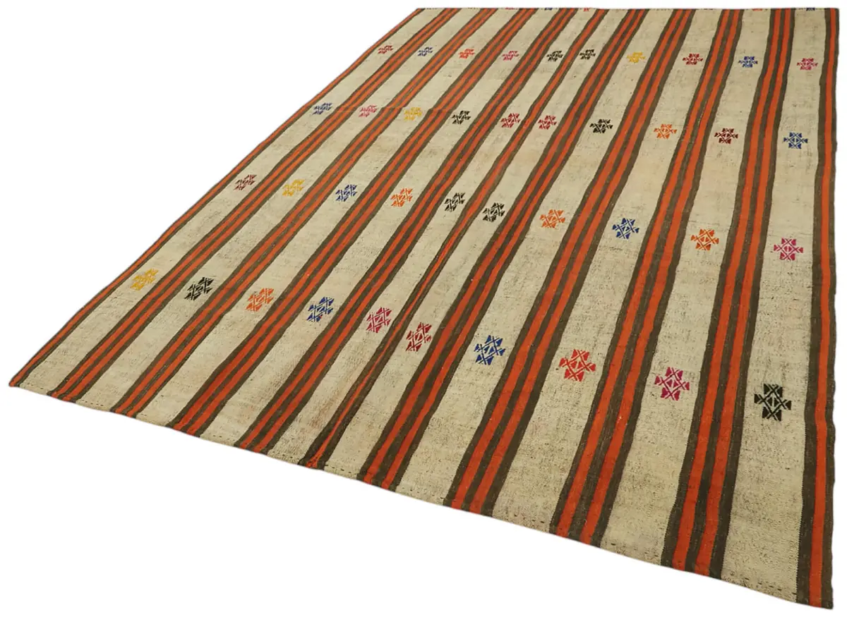 Chaput Çizgili Multi Renk Pamuk Üzerine Yün El Dokuma Kilim-195x290 - Görsel 3