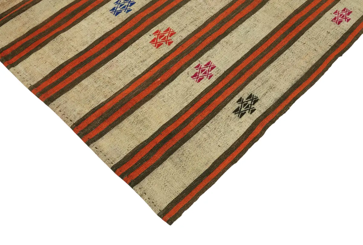 Chaput Çizgili Multi Renk Pamuk Üzerine Yün El Dokuma Kilim-195x290 - Görsel 4