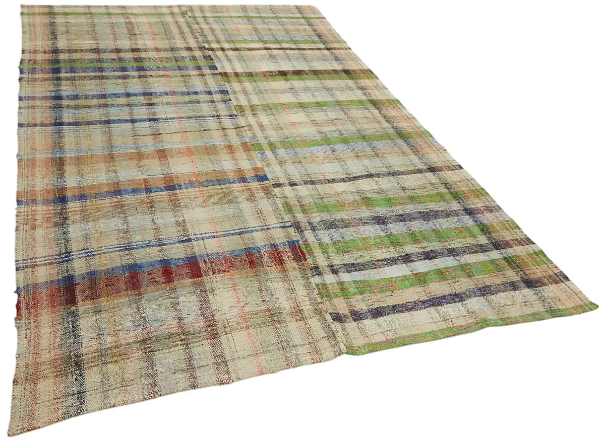 Chaput Çizgili Multi Renk Pamuk Üzerine Yün El Dokuma Kilim-183x308 - Görsel 2