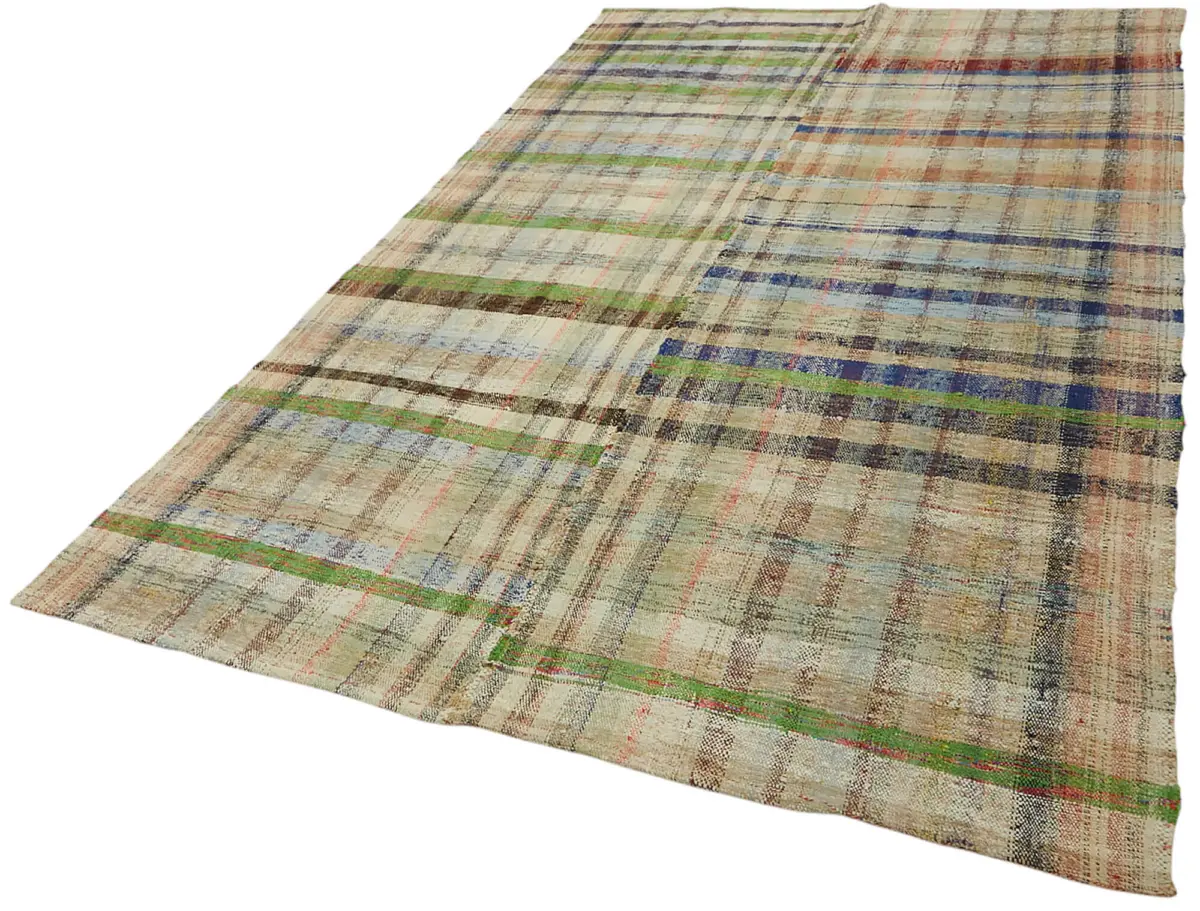 Chaput Çizgili Multi Renk Pamuk Üzerine Yün El Dokuma Kilim-183x308 - Görsel 3
