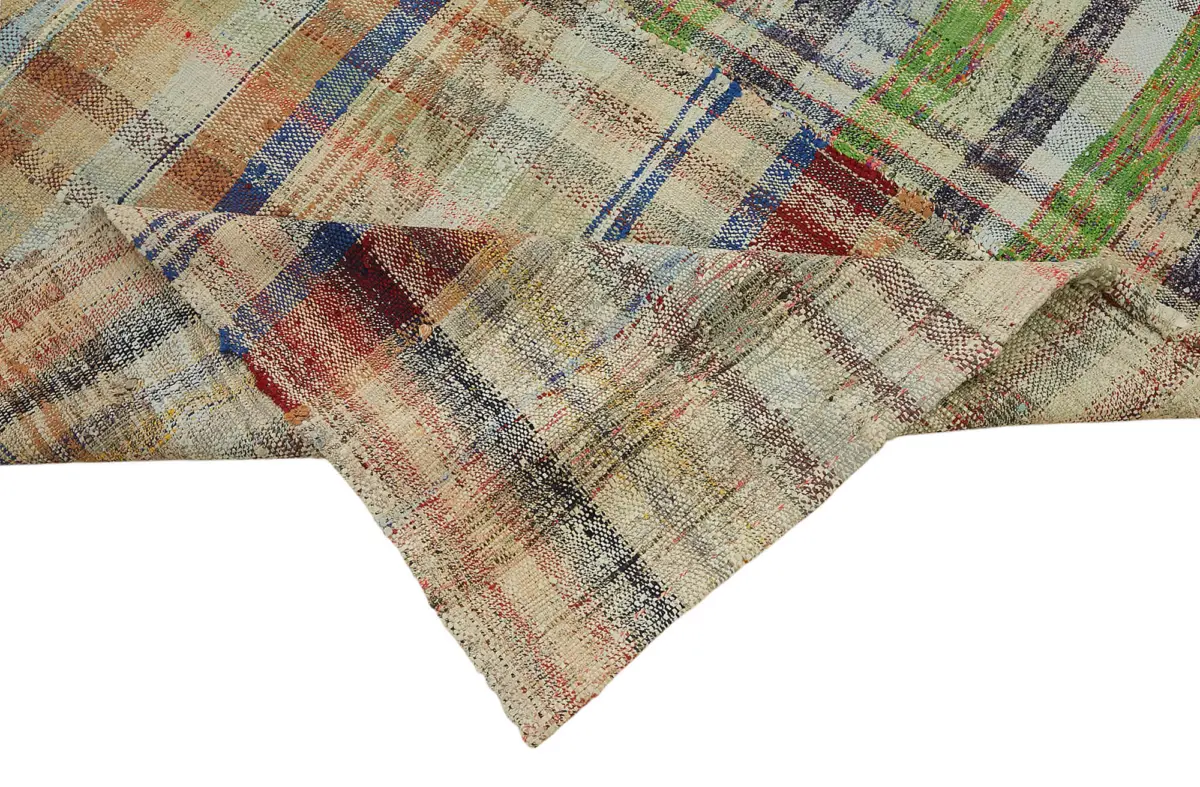 Chaput Çizgili Multi Renk Pamuk Üzerine Yün El Dokuma Kilim-183x308 - Görsel 6