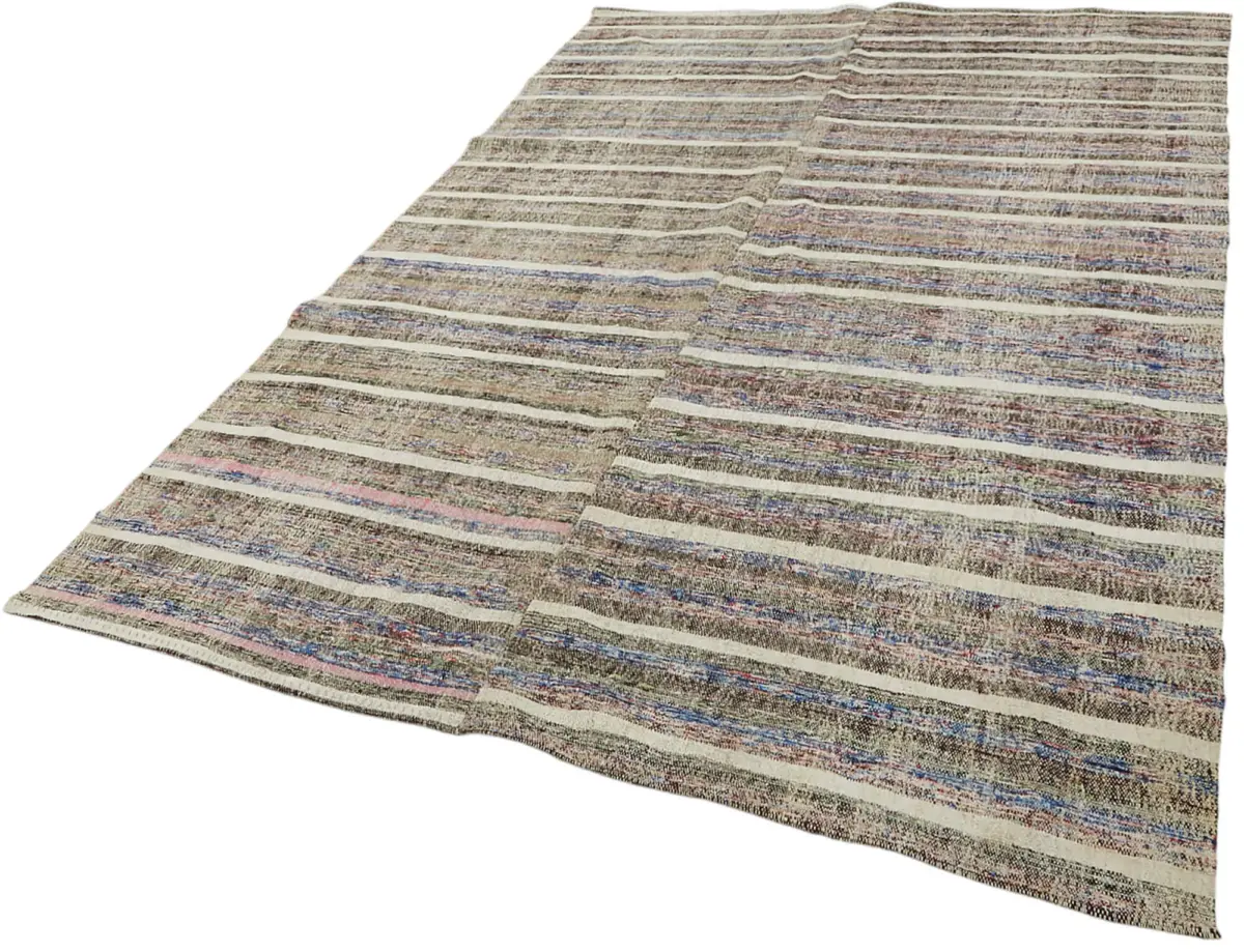 Chaput Çizgili Multi Renk Pamuk Üzerine Yün El Dokuma Kilim-200x295 - Görsel 3