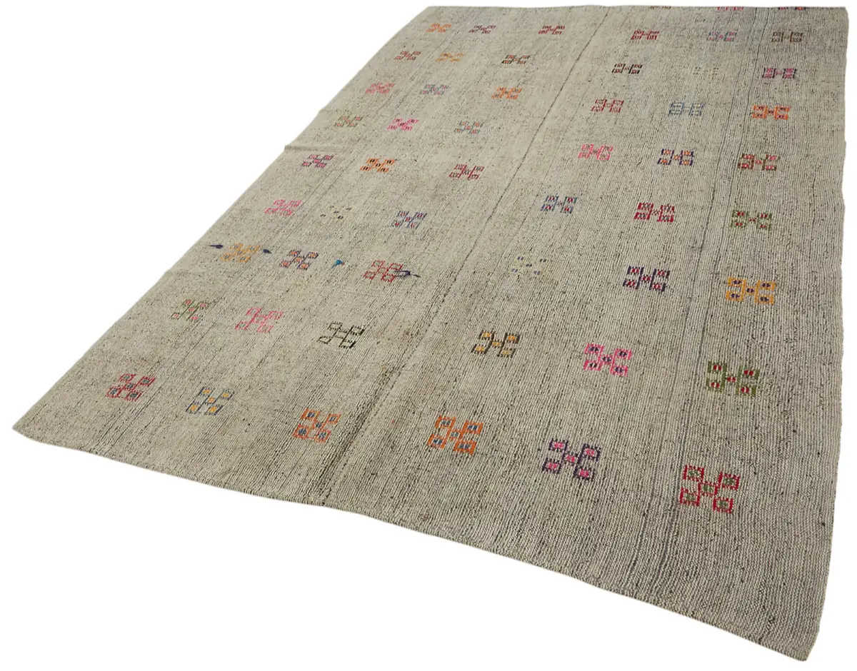 Chaput Çizgili Multi Renk Pamuk Üzerine Yün El Dokuma Kilim-192x293 - Görsel 3