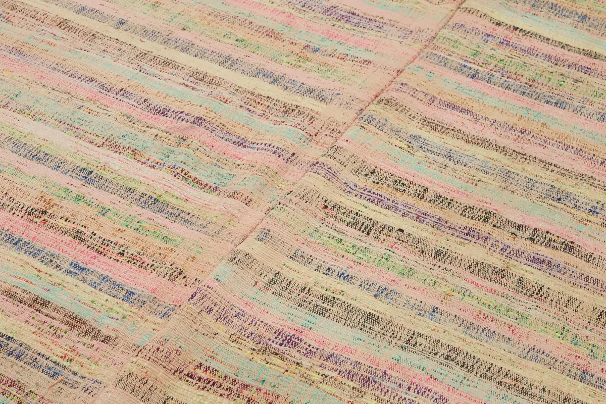 Chaput Çizgili Multi Renk Pamuk Üzerine Yün El Dokuma Kilim-186x313 - Görsel 5