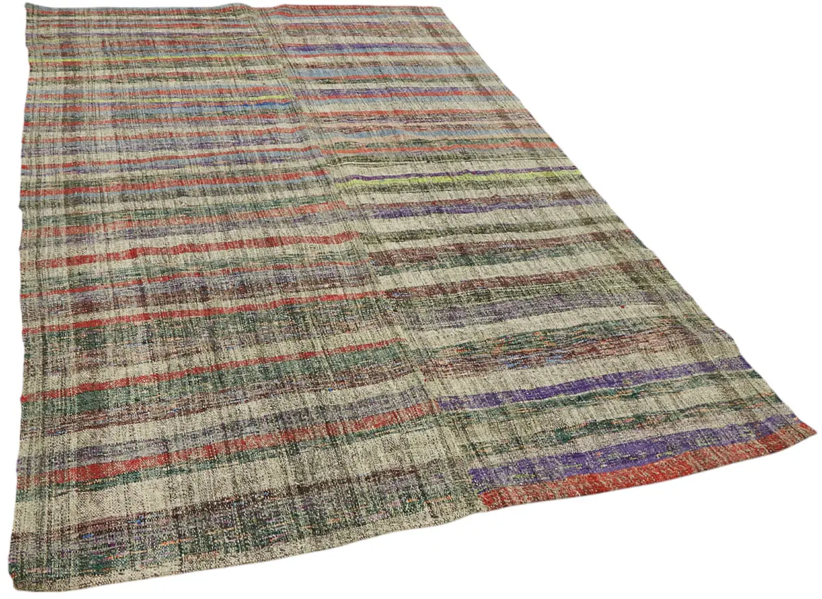 Chaput Çizgili Multi Renk Pamuk Üzerine Yün El Dokuma Kilim-186x287 - Görsel 2