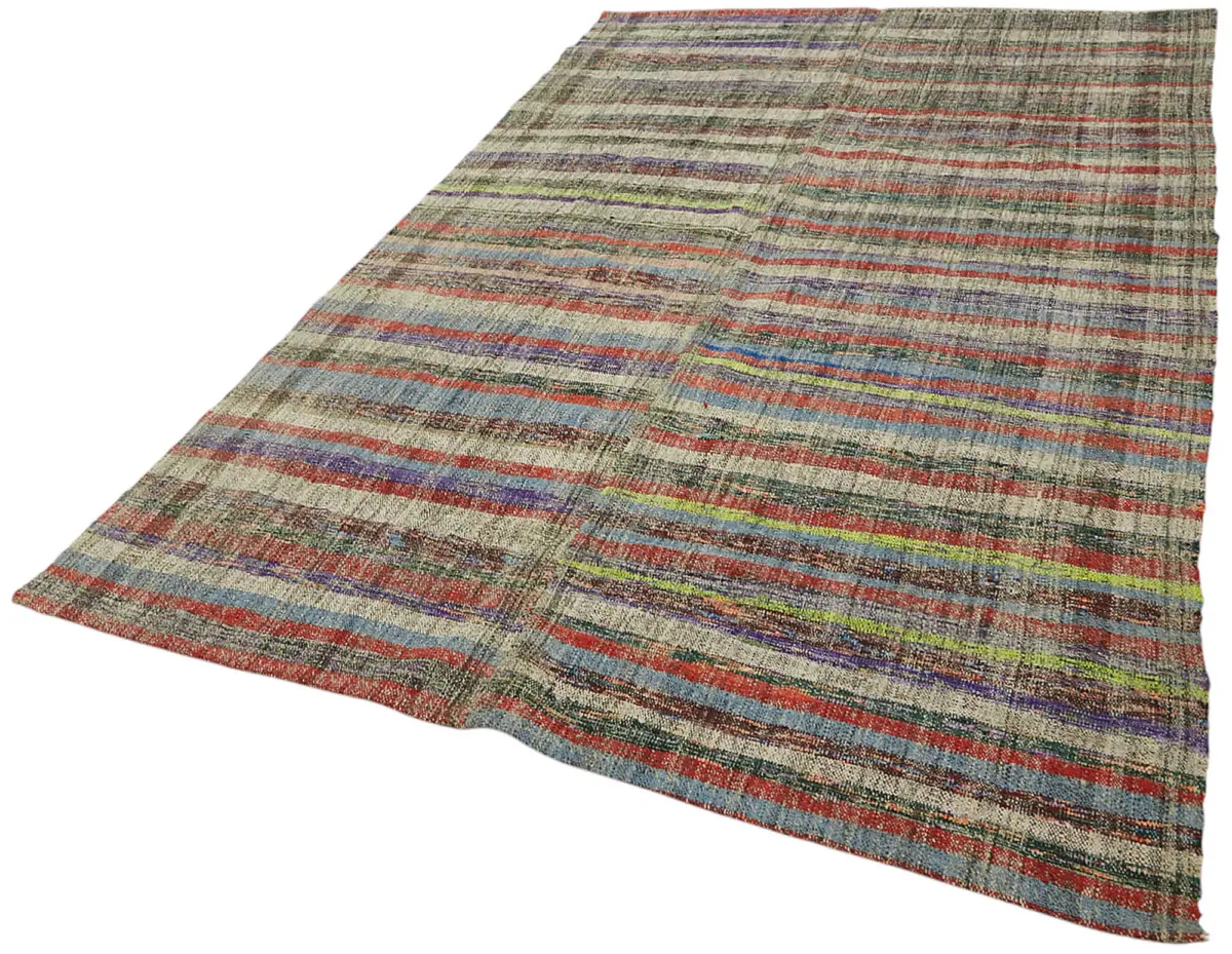 Chaput Çizgili Multi Renk Pamuk Üzerine Yün El Dokuma Kilim-186x287 - Görsel 3