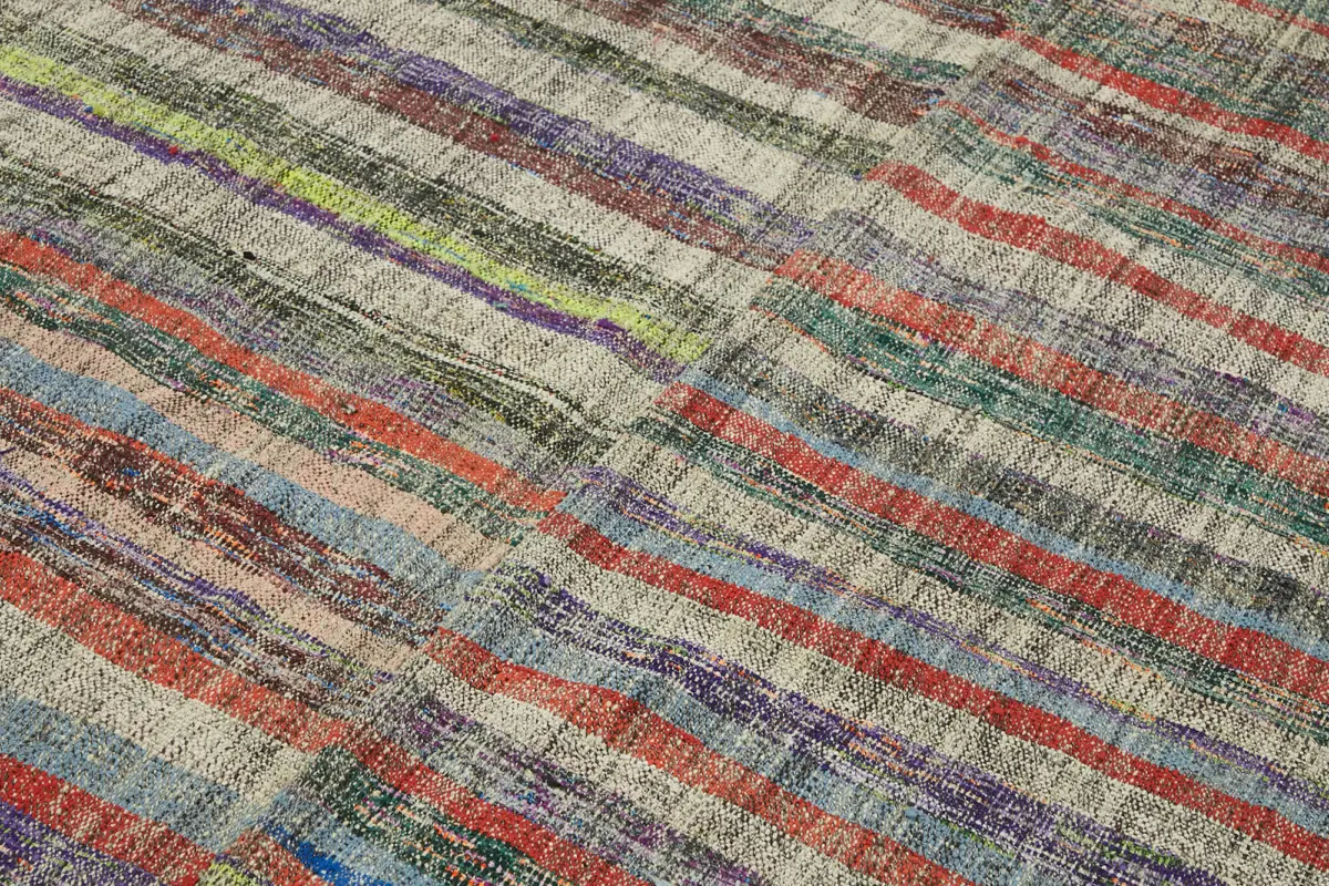 Chaput Çizgili Multi Renk Pamuk Üzerine Yün El Dokuma Kilim-186x287 - Görsel 5