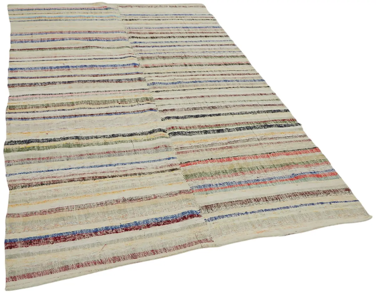 Chaput Çizgili Multi Renk Pamuk Üzerine Yün El Dokuma Kilim-155x240 - Görsel 2