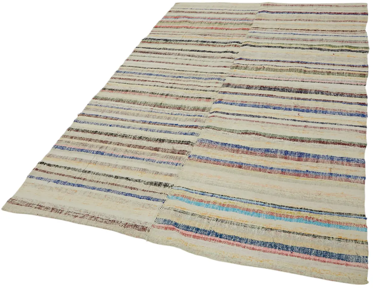 Chaput Çizgili Multi Renk Pamuk Üzerine Yün El Dokuma Kilim-155x240 - Görsel 3