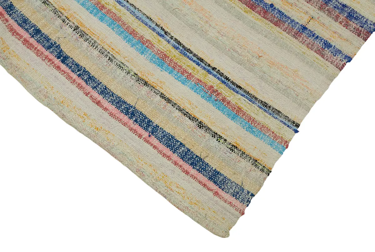 Chaput Çizgili Multi Renk Pamuk Üzerine Yün El Dokuma Kilim-155x240 - Görsel 4