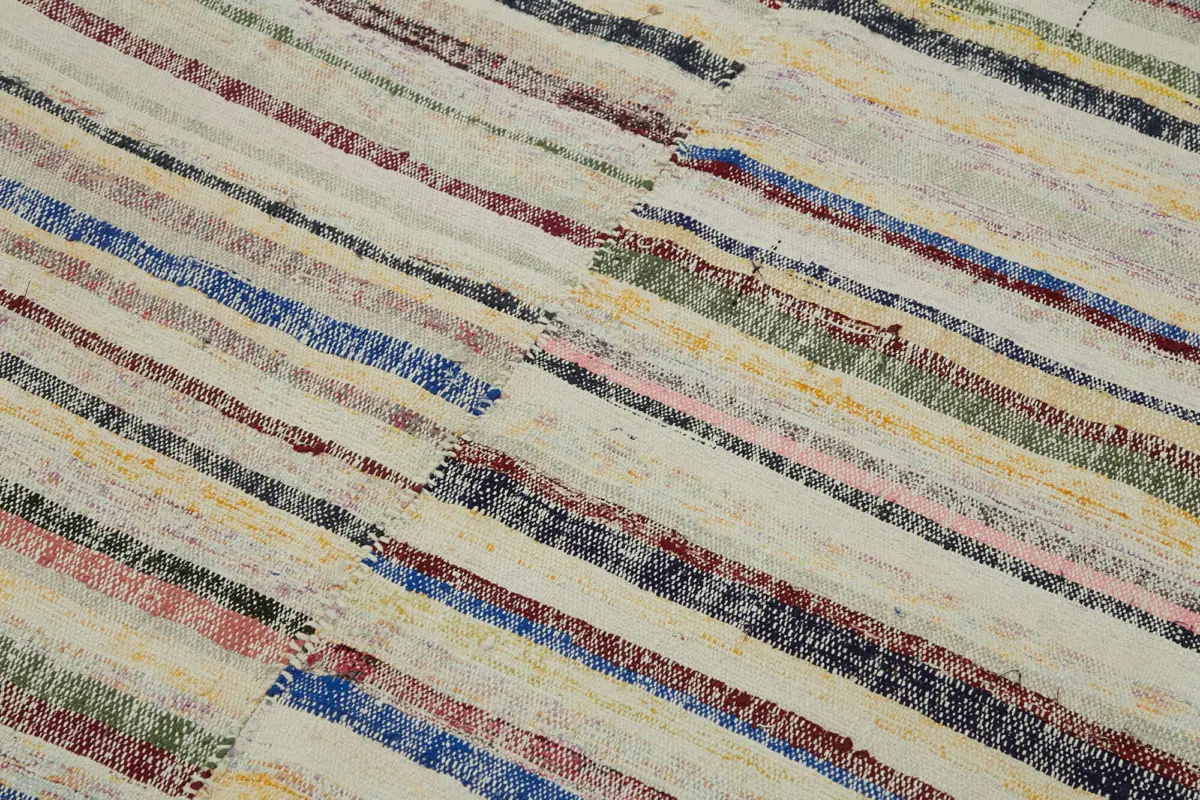 Chaput Çizgili Multi Renk Pamuk Üzerine Yün El Dokuma Kilim-155x240 - Görsel 5