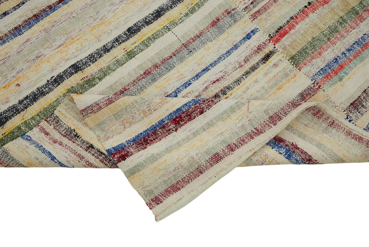 Chaput Çizgili Multi Renk Pamuk Üzerine Yün El Dokuma Kilim-155x240 - Görsel 6