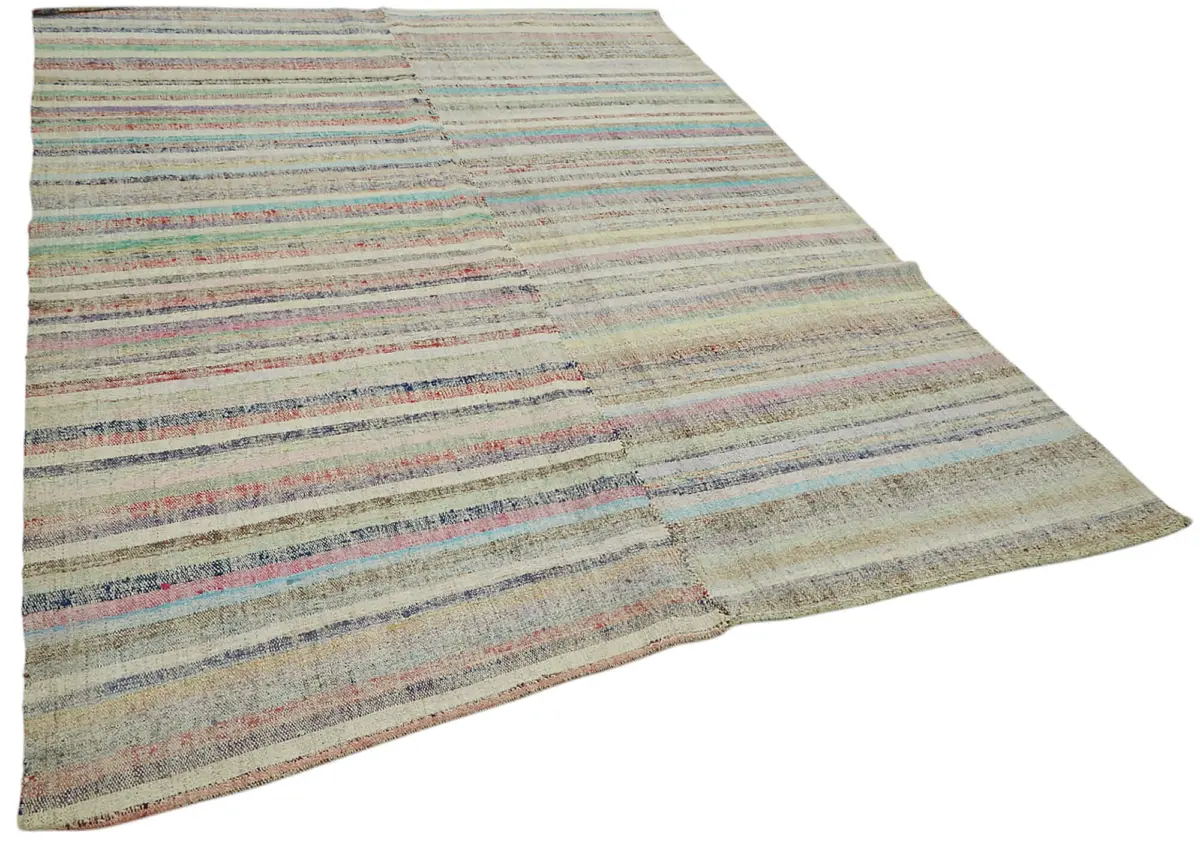 Chaput Çizgili Multi Renk Pamuk Üzerine Yün El Dokuma Kilim-195x274 - Görsel 2