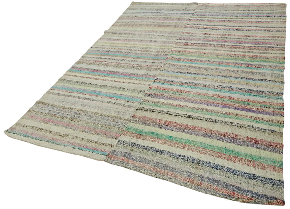 Chaput Çizgili Multi Renk Pamuk Üzerine Yün El Dokuma Kilim-195x274 - Görsel 3