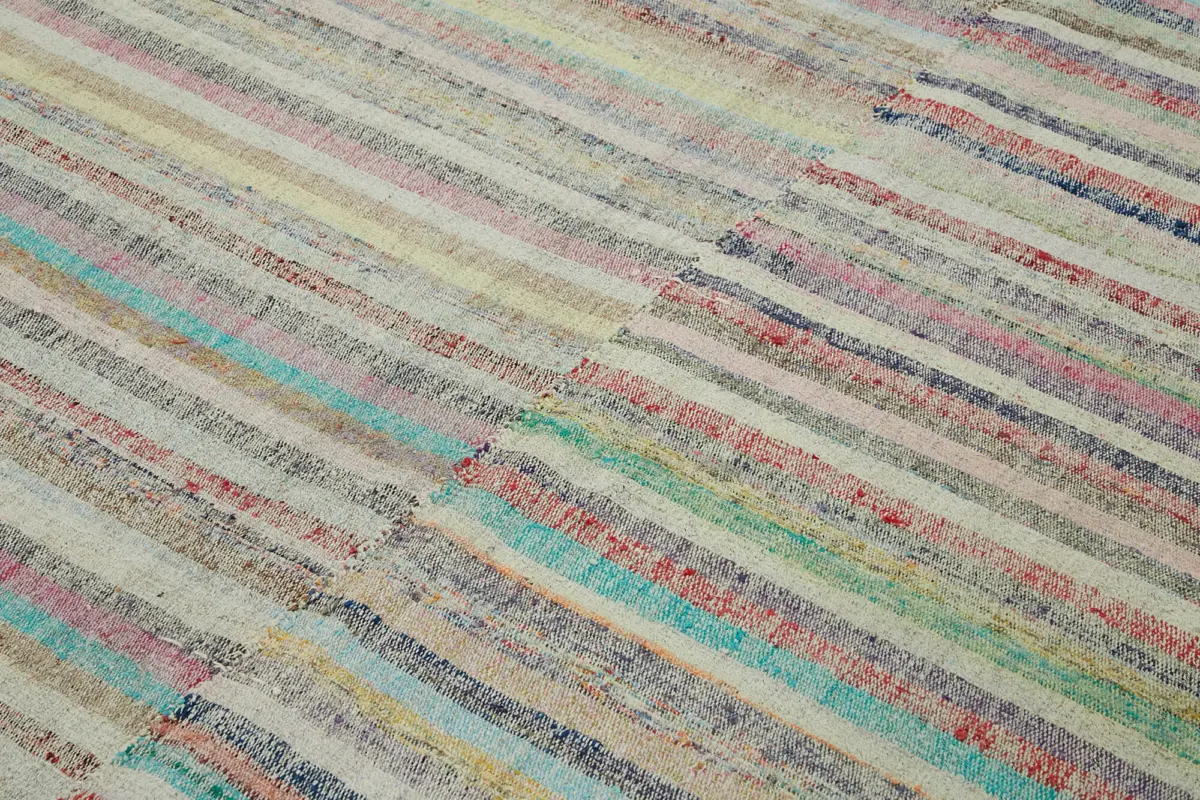 Chaput Çizgili Multi Renk Pamuk Üzerine Yün El Dokuma Kilim-195x274 - Görsel 5