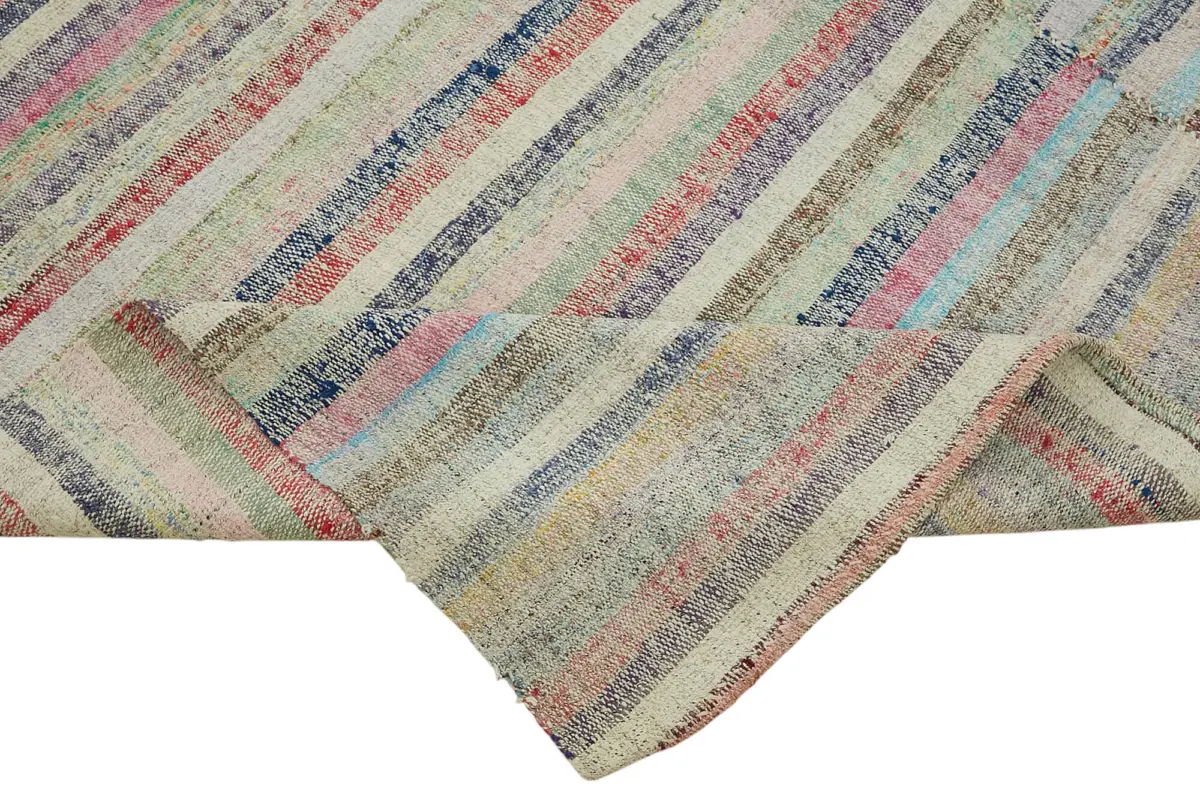 Chaput Çizgili Multi Renk Pamuk Üzerine Yün El Dokuma Kilim-195x274 - Görsel 6