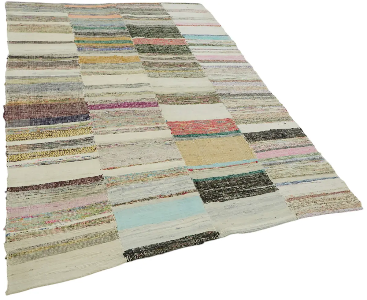 Chaput Çizgili Multi Renk Pamuk Üzerine Yün El Dokuma Kilim-160x249 - Görsel 2