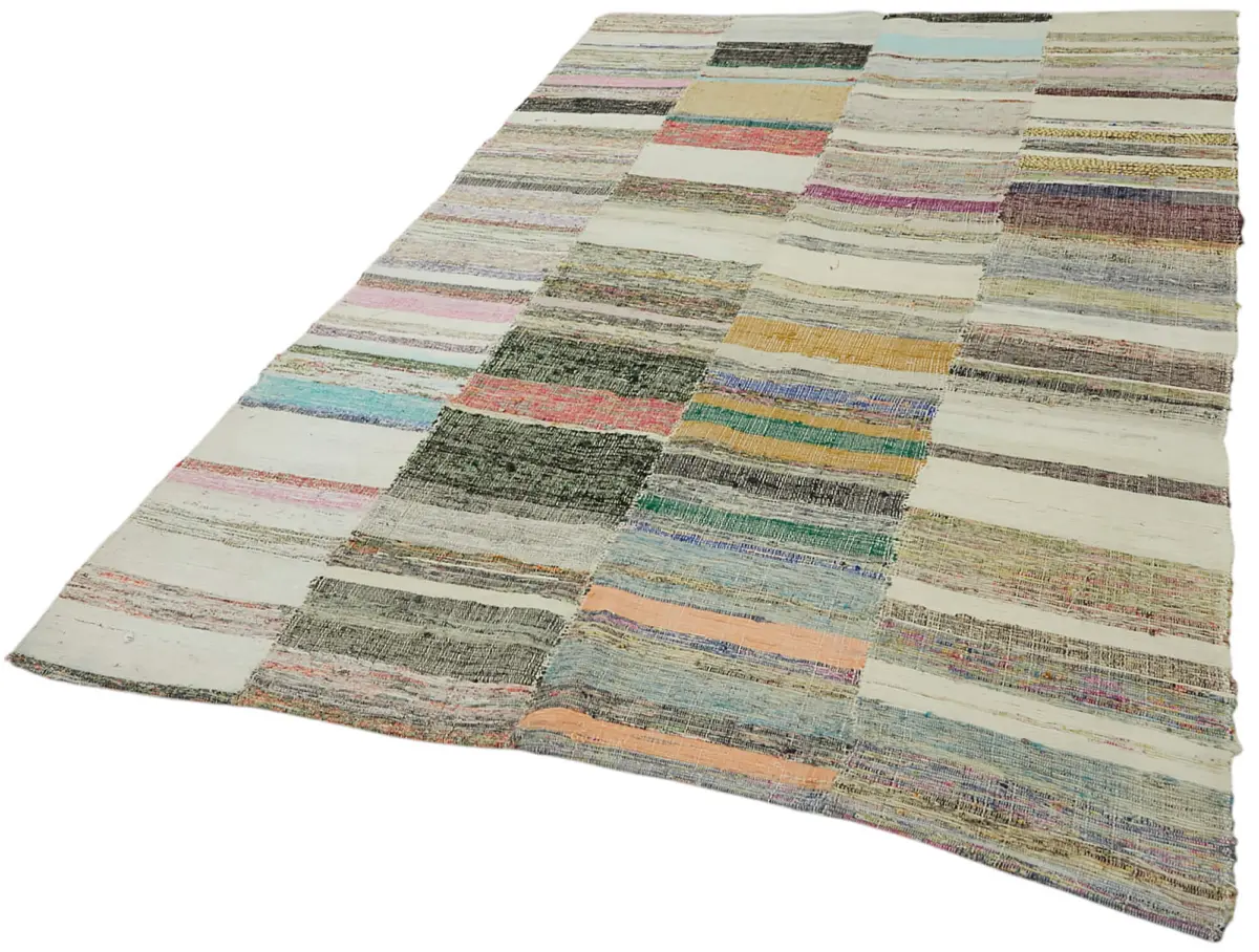 Chaput Çizgili Multi Renk Pamuk Üzerine Yün El Dokuma Kilim-160x249 - Görsel 3