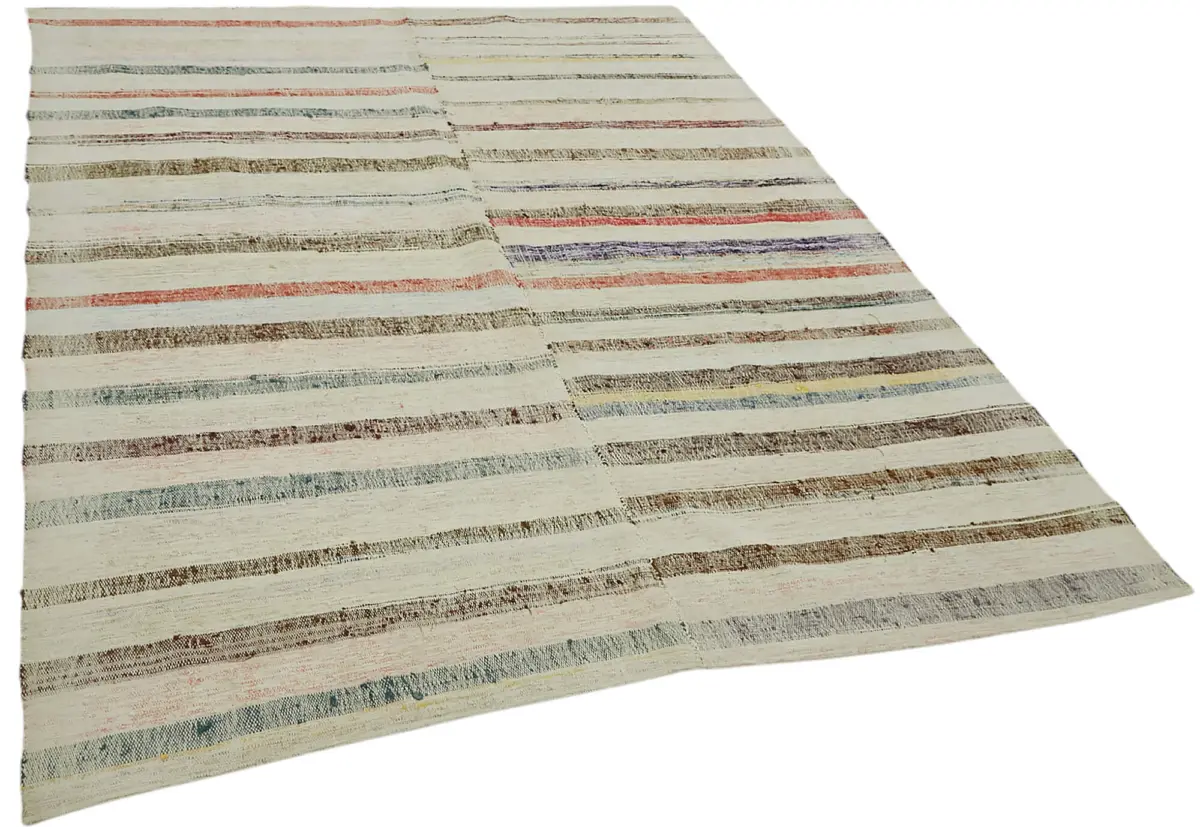 Chaput Çizgili Multi Renk Pamuk Üzerine Yün El Dokuma Kilim-190x244 - Görsel 2