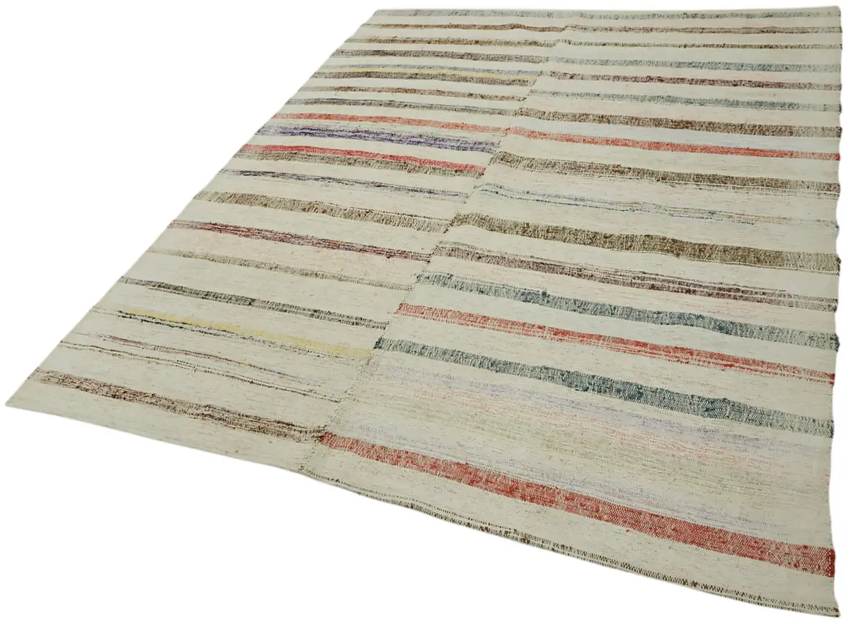 Chaput Çizgili Multi Renk Pamuk Üzerine Yün El Dokuma Kilim-190x244 - Görsel 3