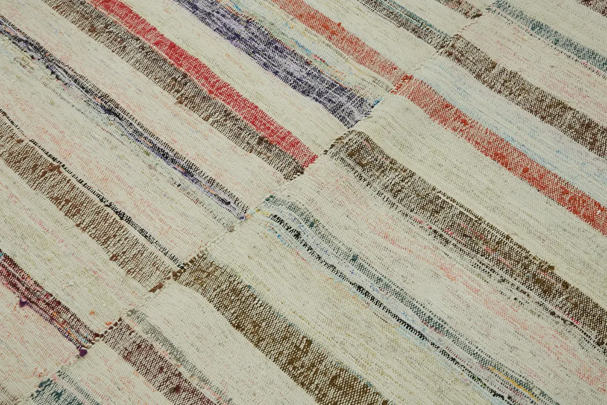 Chaput Çizgili Multi Renk Pamuk Üzerine Yün El Dokuma Kilim-190x244 - Görsel 5