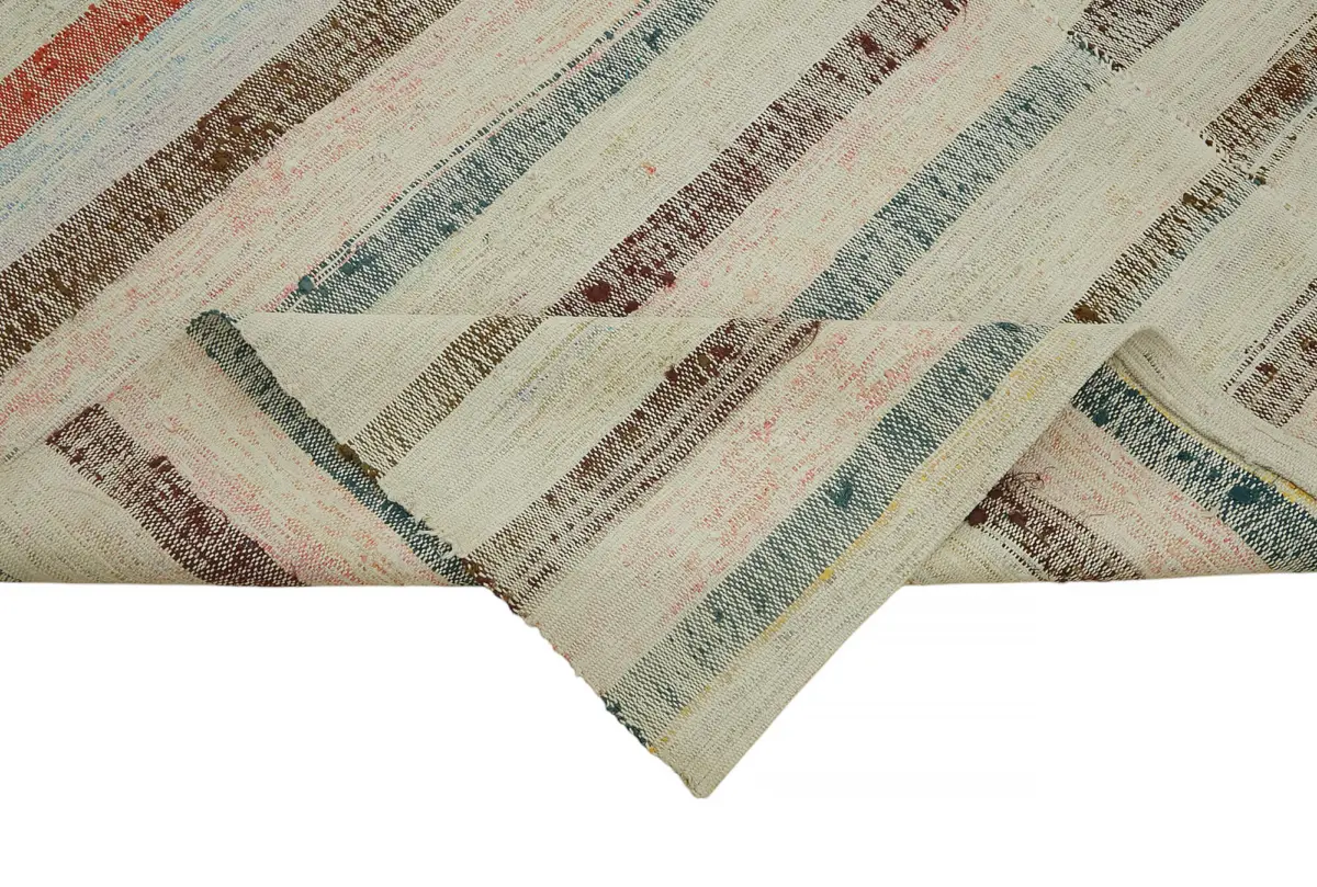Chaput Çizgili Multi Renk Pamuk Üzerine Yün El Dokuma Kilim-190x244 - Görsel 6