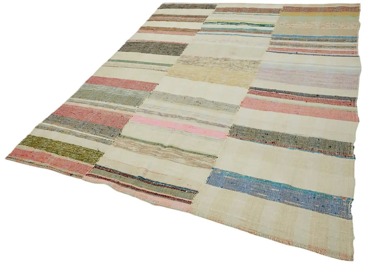 Chaput Çizgili Multi Renk Pamuk Üzerine Yün El Dokuma Kilim-210x279 - Görsel 3
