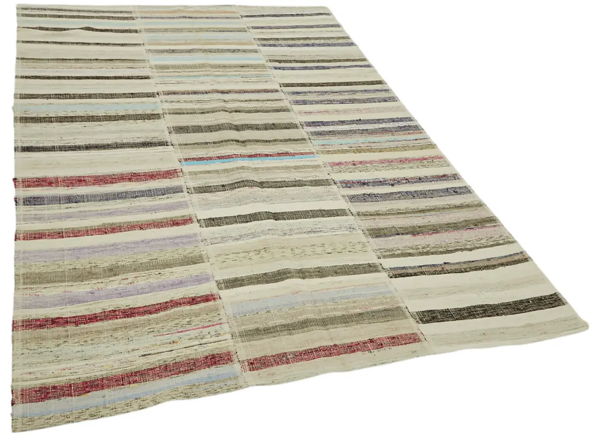 Chaput Çizgili Multi Renk Pamuk Üzerine Yün El Dokuma Kilim-180x285 - Görsel 2