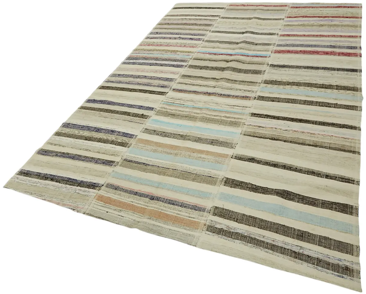 Chaput Çizgili Multi Renk Pamuk Üzerine Yün El Dokuma Kilim-180x285 - Görsel 3
