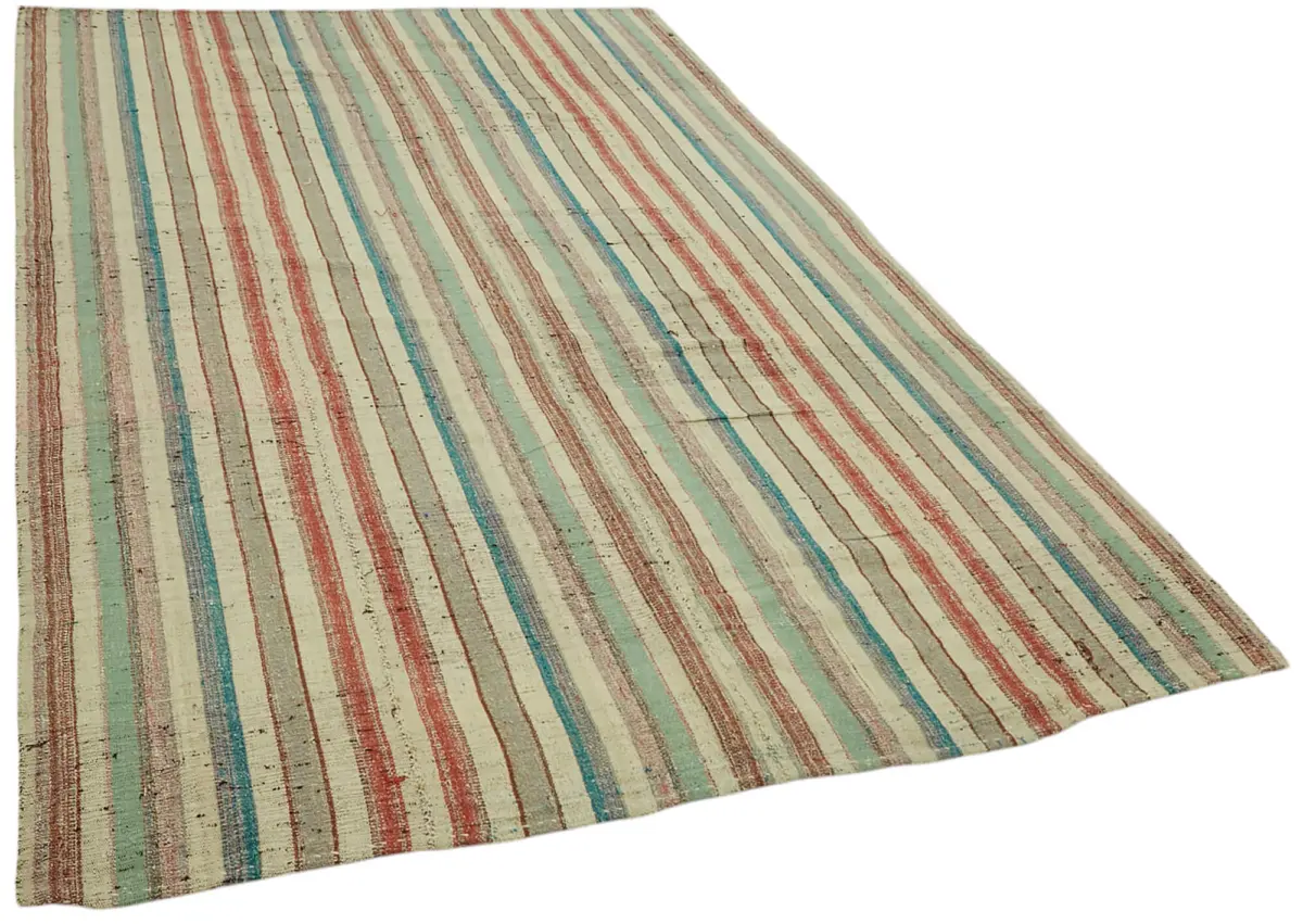 Chaput Çizgili Multi Renk Pamuk Üzerine Yün El Dokuma Kilim-181x288 - Görsel 2