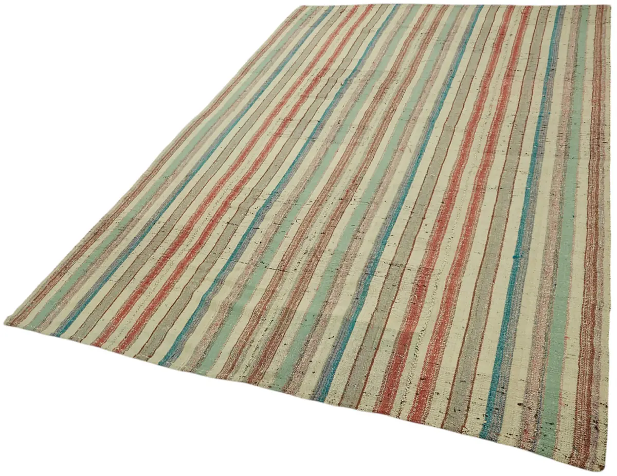 Chaput Çizgili Multi Renk Pamuk Üzerine Yün El Dokuma Kilim-181x288 - Görsel 3