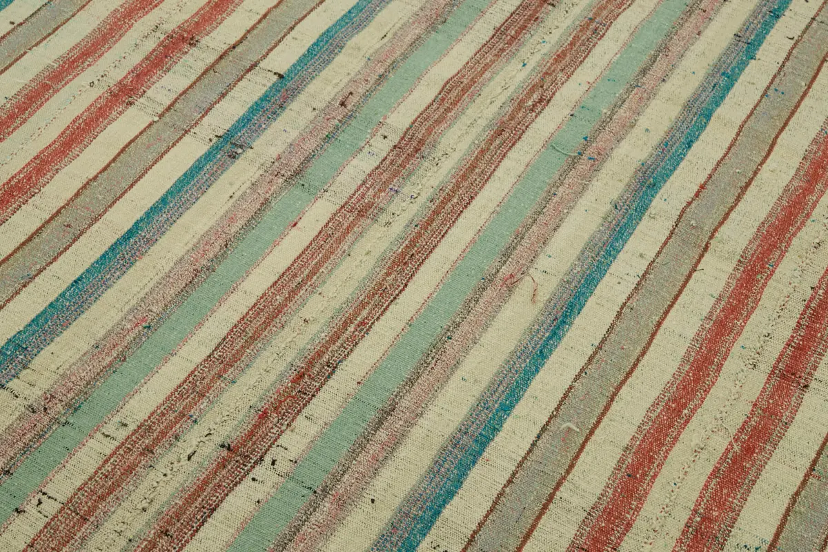 Chaput Çizgili Multi Renk Pamuk Üzerine Yün El Dokuma Kilim-181x288 - Görsel 5