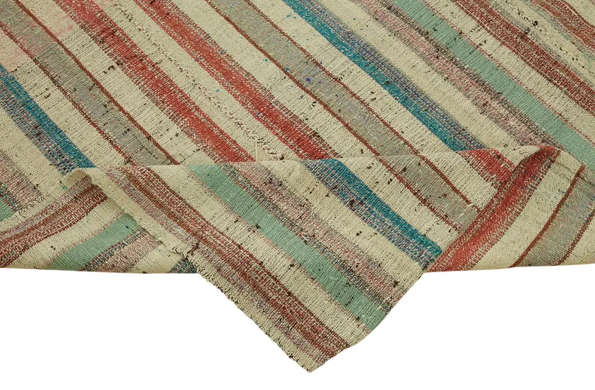 Chaput Çizgili Multi Renk Pamuk Üzerine Yün El Dokuma Kilim-181x288 - Görsel 6