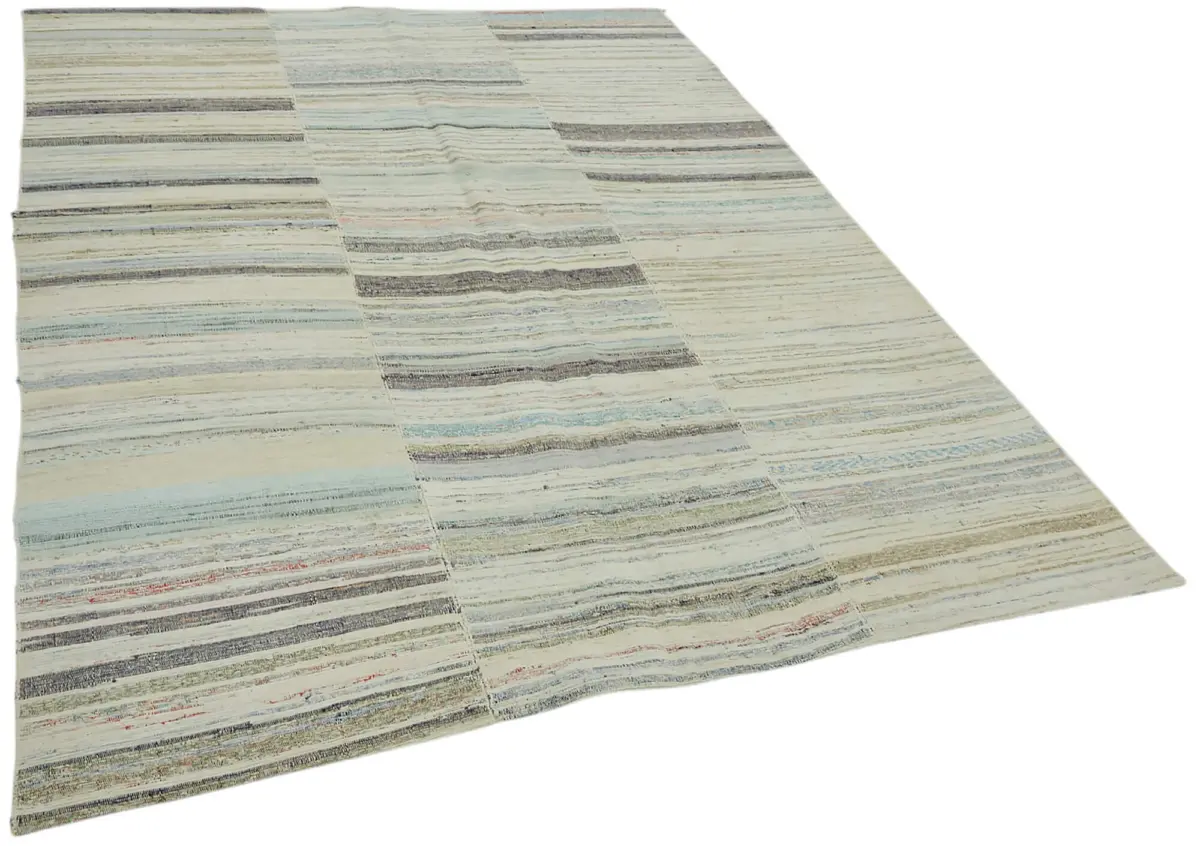 Chaput Çizgili Multi Renk Pamuk Üzerine Yün El Dokuma Kilim-184x250 - Görsel 2