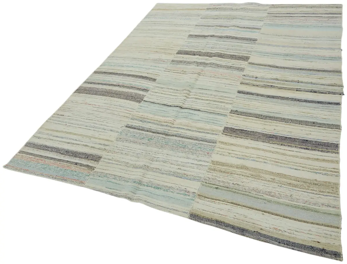 Chaput Çizgili Multi Renk Pamuk Üzerine Yün El Dokuma Kilim-184x250 - Görsel 3