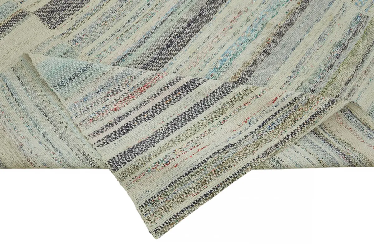 Chaput Çizgili Multi Renk Pamuk Üzerine Yün El Dokuma Kilim-184x250 - Görsel 6