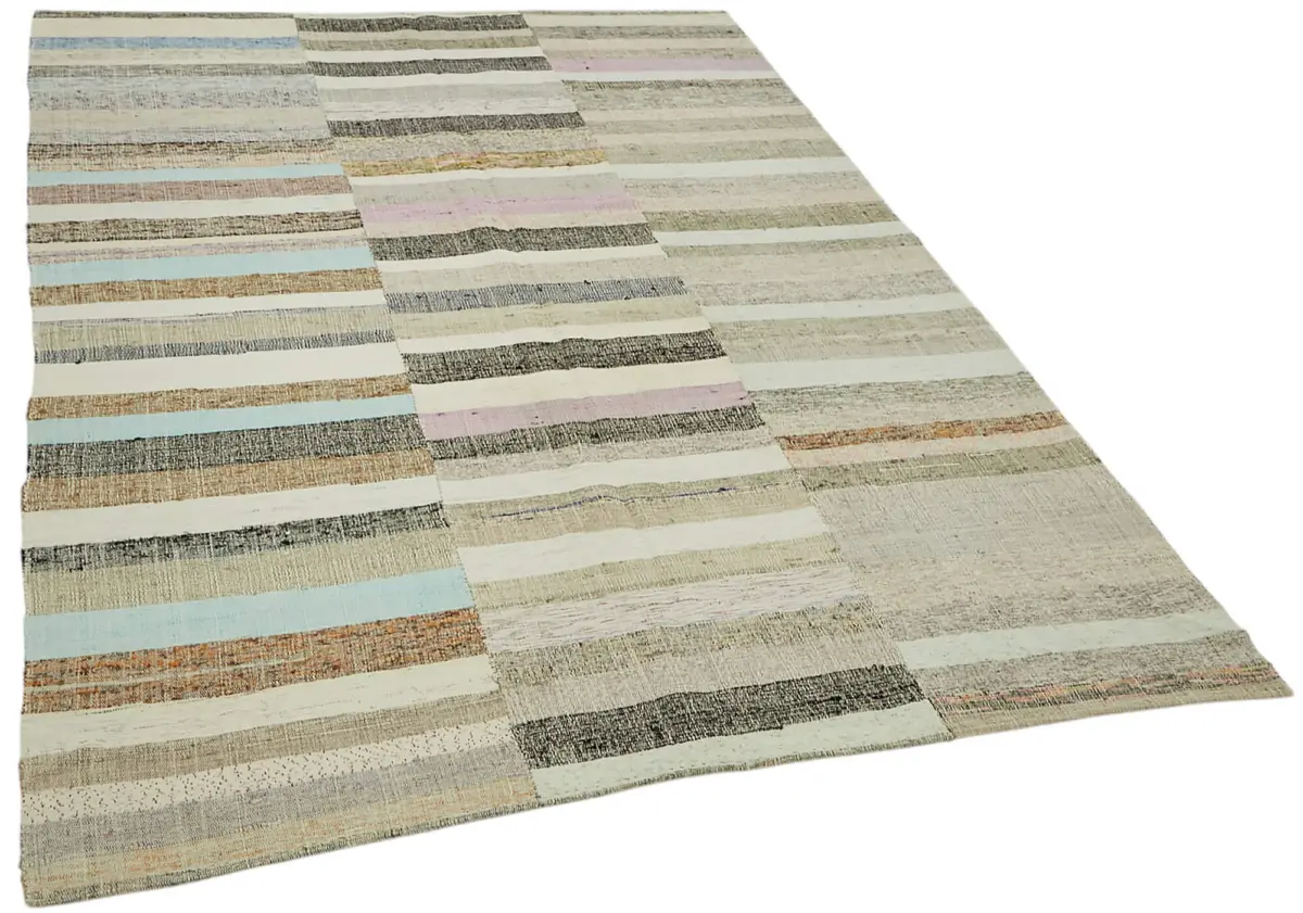 Chaput Çizgili Multi Renk Pamuk Üzerine Yün El Dokuma Kilim-160x235 - Görsel 2