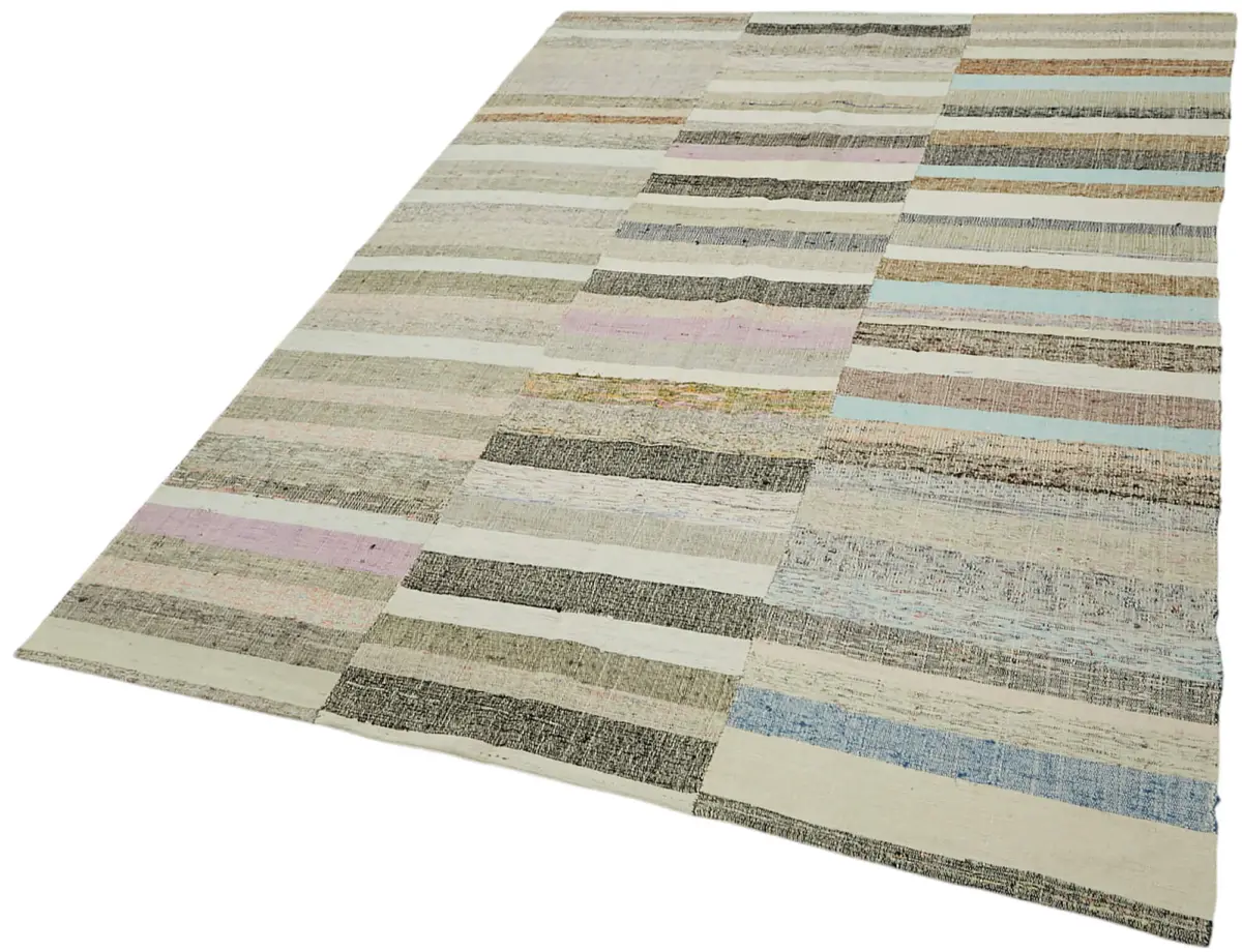 Chaput Çizgili Multi Renk Pamuk Üzerine Yün El Dokuma Kilim-160x235 - Görsel 3