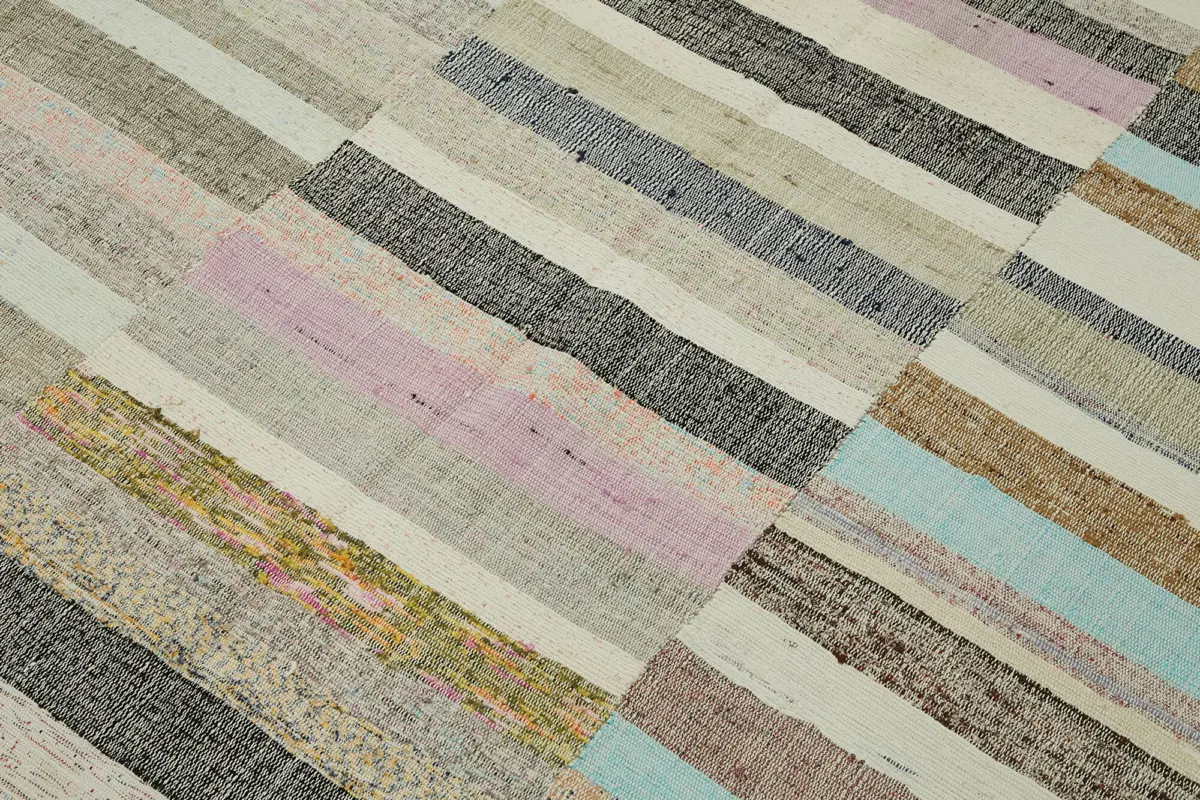 Chaput Çizgili Multi Renk Pamuk Üzerine Yün El Dokuma Kilim-160x235 - Görsel 5