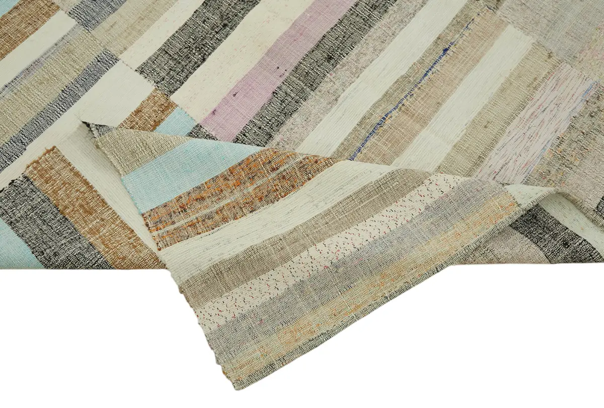 Chaput Çizgili Multi Renk Pamuk Üzerine Yün El Dokuma Kilim-160x235 - Görsel 6