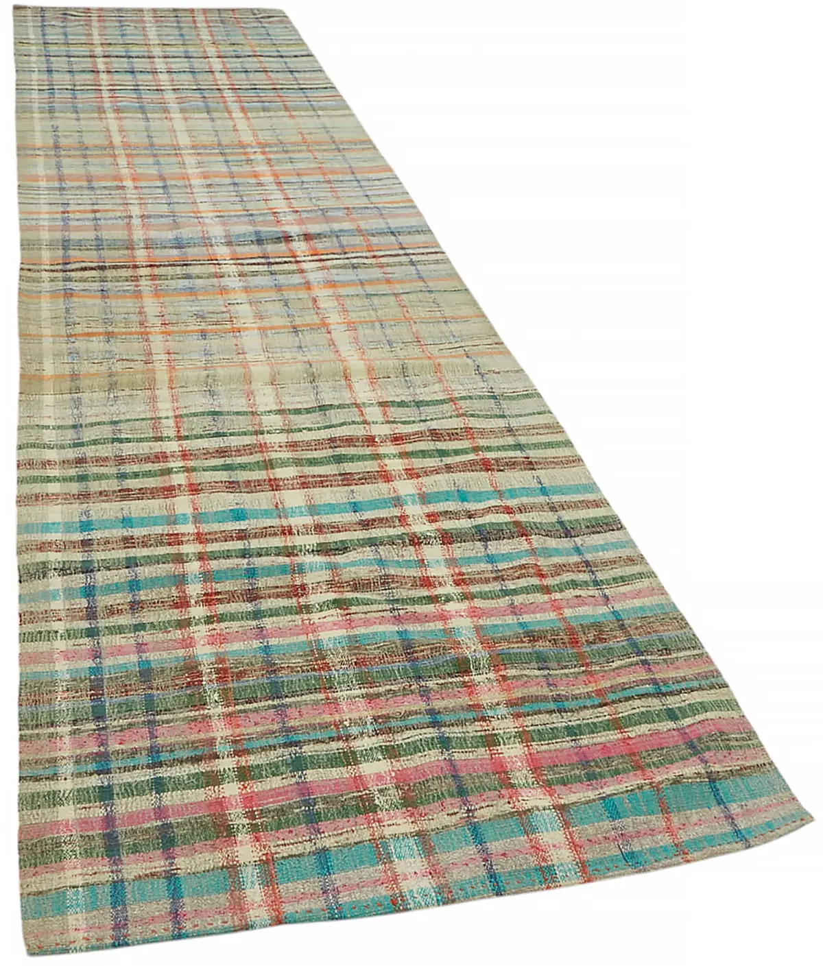 Chaput Çizgili Multi Renk Pamuk Üzerine Yün El Dokuma Kilim-111x442 - Görsel 2