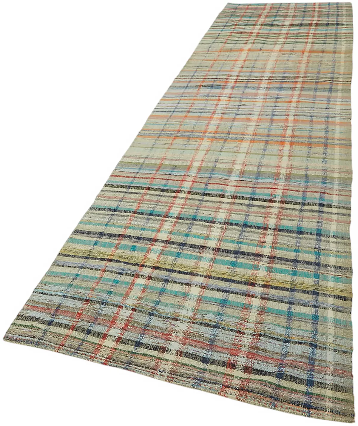 Chaput Çizgili Multi Renk Pamuk Üzerine Yün El Dokuma Kilim-111x442 - Görsel 3