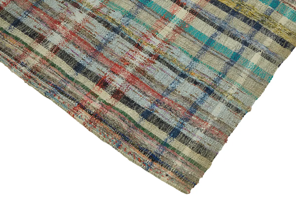 Chaput Çizgili Multi Renk Pamuk Üzerine Yün El Dokuma Kilim-111x442 - Görsel 4