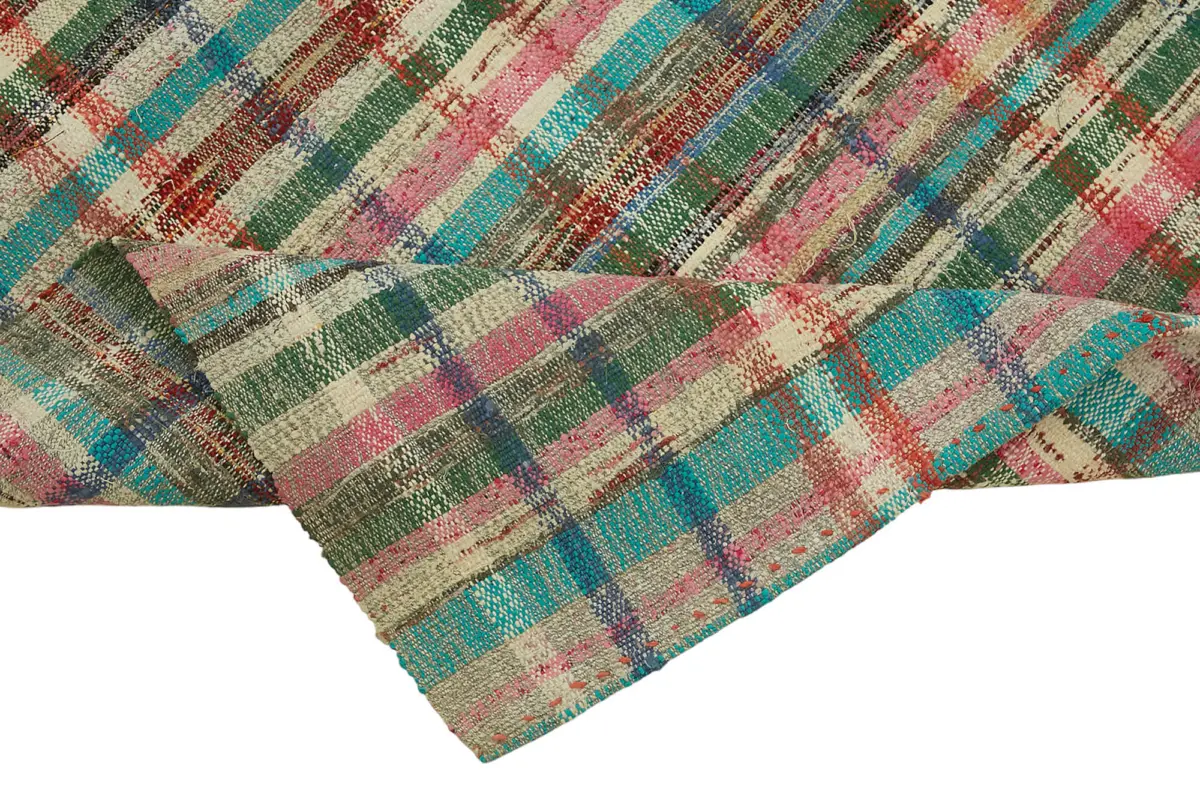 Chaput Çizgili Multi Renk Pamuk Üzerine Yün El Dokuma Kilim-111x442 - Görsel 6