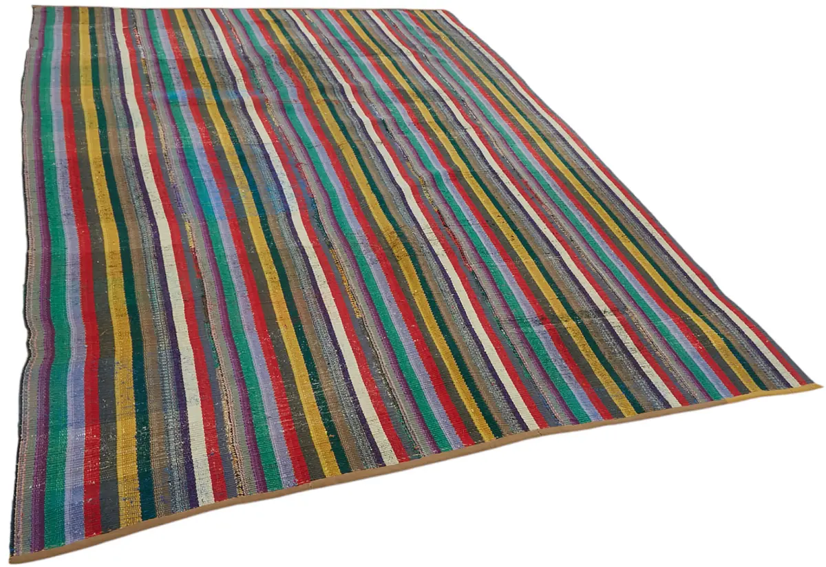 Chaput Çizgili Multi Renk Pamuk Üzerine Yün El Dokuma Kilim-208x284 - Görsel 2